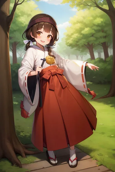 masterpiece, highest quality, best quality, 1girl, solo, looking at viewer, sqatting, outside, forest, 
amayadori machi, blush, brown eyes, brown hair, hair ribbon, hakama, hakama skirt, headband, holding, japanese clothes, kumamiko, low twintails, miko, r...