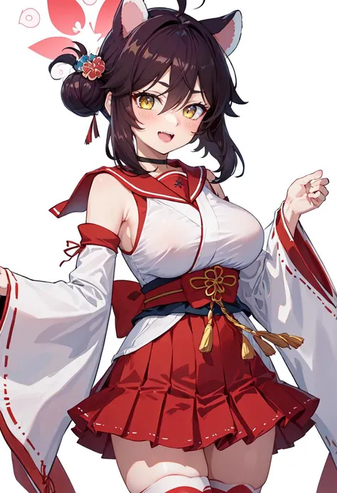 best quality, masterpiece, highres, solo, (kaede_bluearchive:1.10), 1girl, blush, detached sleeves, looking at viewer, red sailor collar, white thighhighs, open mouth, red skirt, simple background, wide sleeves, smile, white background, oppai loli, hakama ...