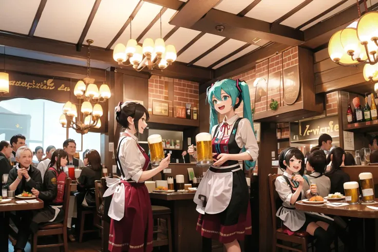 absurdres, best quality, ultra detailed, 
NMC, hatsune miku is standing and holding a beer cup, mug, alcohol, food, ribbon, beer mug, apron, waitress, neck ribbon, shirt, ultra happy, newmunchen, scenery, table, chair, window, ceiling light, restaurant, cu...