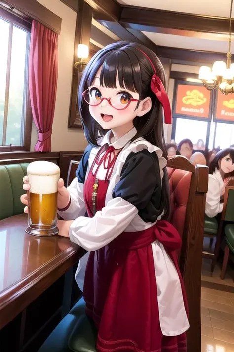 masterpiece, best quality,ultra detail, <lora:anmnr01:0.3>  <lora:add_detail:0.5>,<lora:GoodHands-vanilla:0.8>,petite,smile, open mouth,carrying some beerjugs both hands<lora:NMC_SD15_V2:0.8>NMC, ribbon, red dress, red ribbon, waist apron, neck ribbon, fri...