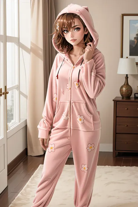 (masterpiece, best quality),  intricate details,
1girl,   ,  <lora:misaka_mikoto_v1:0.8> aamikoto, short hair, hair flower
 <lora:footie-10:0.8> hoodie-footie pjs, hood up, hood down
indoors, bedroom, cute,  hoodie-footie pjs, hood up, hood down