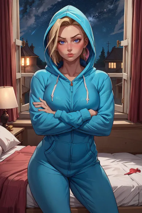 (masterpiece,best quality,absurdres,beautiful,aesthetic,detailed),1girl,cowboy shot,curvy,crossed arms,(android 18),bedroom,clothes,hood up,hearts,night sky,window <lora:footie:0.6> hoodie-footie pjs