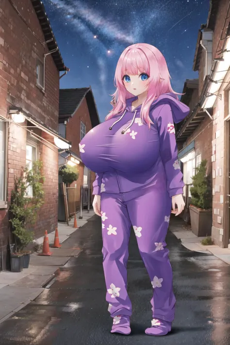 <lora:footie:0.6>, hoodie-footie pjs, 1girl, gigantic breasts, <lora:3ly2-10:0.6>, standing, full body, looking at viewer. night, outdoors, town