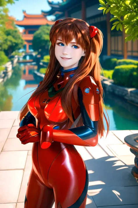 (8k, RAW photo, best quality, masterpiece),(realistic, photo-realistic),, an extremely delicate and beautiful  souryuu asuka langley, standing in chinese garden, european girl, 1girl, (blue eyes), red plugsuit, upper body, porcelain skin, solo, brown hair,...