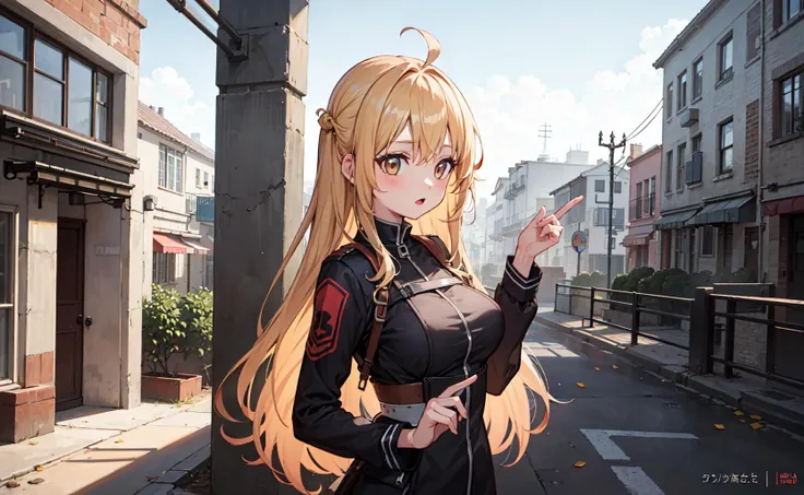 best quality, sunshine, detailed background,extremely detailed,body ratio, girl, cute, blonde hair, broken cityscape,