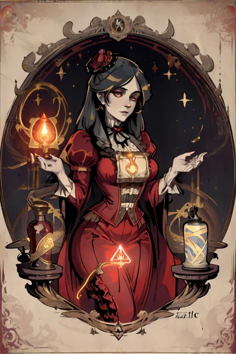 <lora:victorianesoteric:0.4> victorian_esoteric, victorian poster of a woman, flickering glow of a will-o-the-wisp, dulcet tones of a cursed harp, (crimson, gold, indigo palette), masterpiece, 8k, high resolution, shallow depth of field, sharp focus