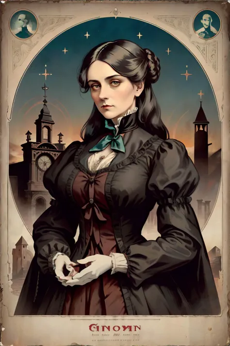 <lora:victorianesoteric:0.4> victorian_esoteric, victorian poster of a woman, crimson sunset over a ghost town, piercing eyes in a portrait gaze, (umber, almond, seafoam palette), masterpiece, 8k, high resolution, shallow depth of field, sharp focus