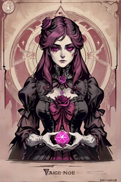 <lora:victorianesoteric:0.4> victorian_esoteric, victorian poster of a woman, blood-chilling silence, mystical haze, (lunar, clay, magenta rose palette), masterpiece, 8k, high resolution, shallow depth of field, sharp focus