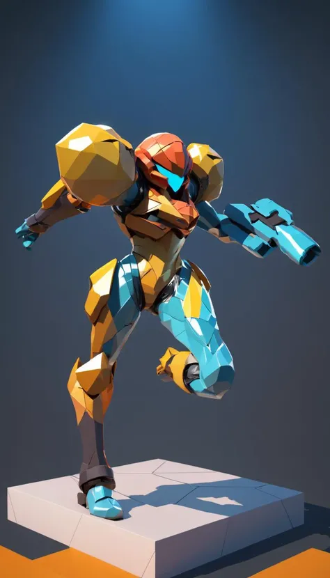 low-poly style Cinematic scene, hero view, Samus Aran, action pose, detailed background, masterpiece, best quality, high quality, highres, absurdres <lora:samus_aran_xl_v1:1> . low-poly game art, polygon mesh, jagged, blocky, wireframe edges, centered comp...