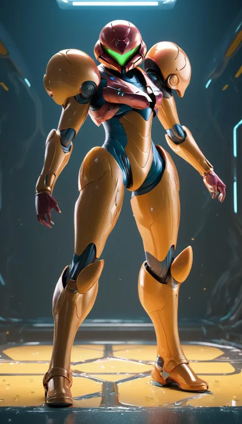 Cinematic scene, hero view, Samus Aran <lora:samus_aran_xl_v1:1>, action pose, detailed background, masterpiece, best quality, high quality, highres, absurdres, (Extremely Detailed Oil Painting:1.2), glow effects, godrays, Hand drawn, render, 8k, octane re...