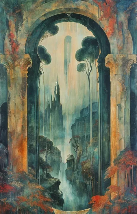 masterpiece,best quality,<lora:tbh140-sdxl:0.7>,landscape,illustration,style of Jean Delville,symbolism,colorful,