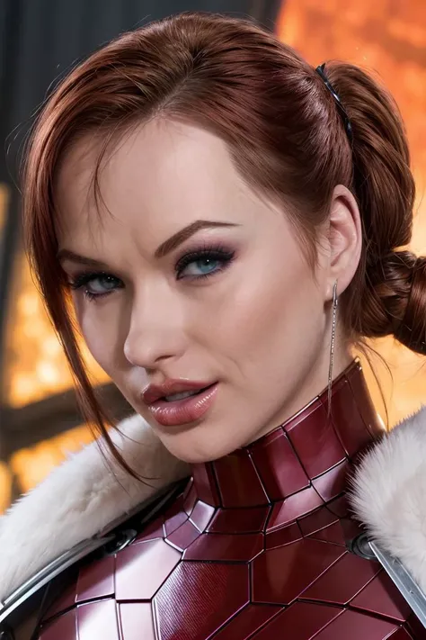 Marvel Cinematic Universe ,(best quality),  (detailed) , breathtaking,     <lora:quiron_KatjaKassin_v1_Lora:0.97> KatjaKassinQuiron, redhead, a woman, close portrait of gorgeous eye contact of a cute blond with bun hair,  cinematic, 35mm film, 35mm photogr...