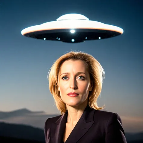 a portrait (gillianxx:1.2) with a UFO behind, <lora:gillianxx-1e:1>