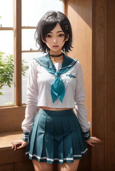 aakomachi,short hair,ahoge,black eyes,hairclip,x hair ornament <lora:ÐÐ¾Ð¼Ð°ÑÐ¸ OreGairu(aakomachi,short hair,ahoge,black eyes,hairclip,x hair ornament(serafuku,sailor collar,aqua neckerchief,white shirt,long sleeves,aqua skirt):0.7>,serafuku,sailor coll...