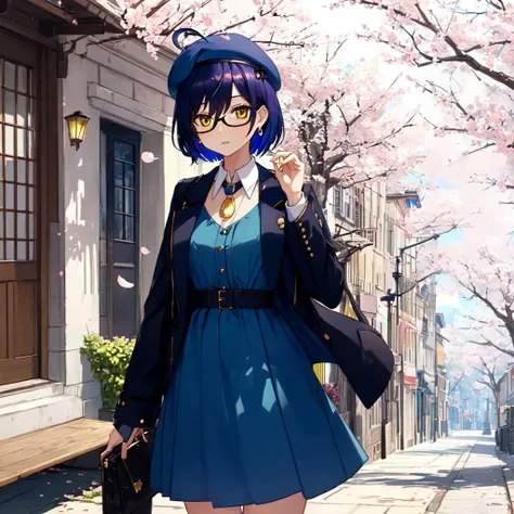 looking at viewer, 1girl, <lora:Char - Everlasting Summer - Jenya:0.6>, bljenya, yellow eyes, blue hair, glasses, ahoge, collared_dress, beret, jacket, necklace, earrings, street, cherry blossoms,