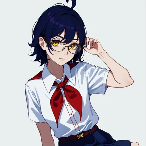 portrait, close up, looking at viewer, 1girl, <lora:Char - Everlasting Summer - Jenya:0.6>, bljenya, yellow eyes, blue hair, glasses, ahoge, white shirt, red bow-tied neckerchief, red badge on shirt, leather belt, blue skirt