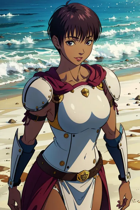 a woman in armor standing on a beach next to the ocean