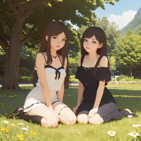 (masterpiece:1.2), (best quality:1.2)(intricate details)2 girls, sitting on grass, sunshine