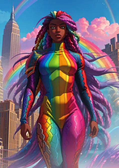 a woman in a colorful outfit stands in front of a rainbow colored city