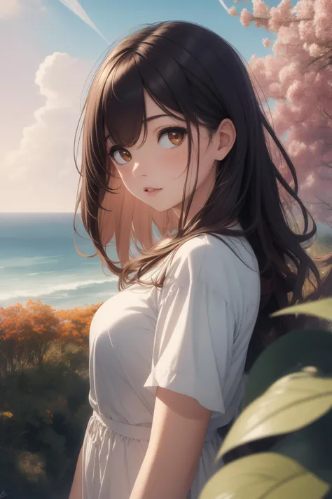 anime girl with long hair and white shirt standing in front of a tree