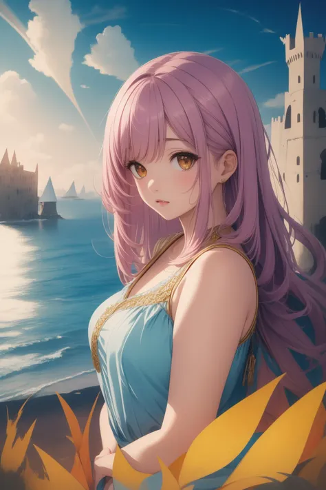 a woman with long purple hair standing in front of a castle