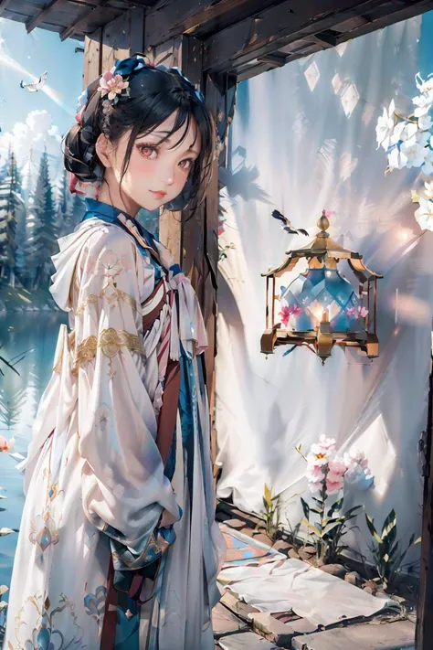 anime girl in kimono outfit standing in front of a lake