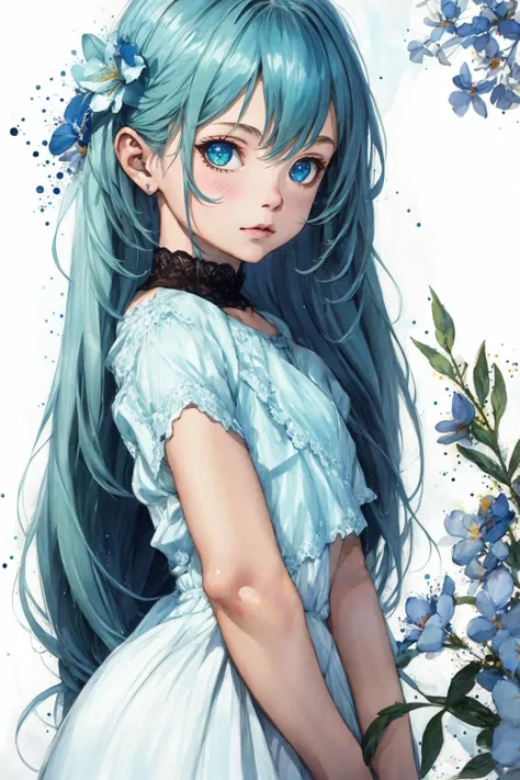 a woman with blue hair and blue eyes is standing in front of flowers