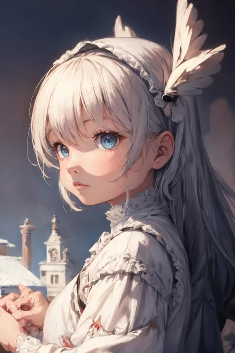 a girl with long white hair and blue eyes standing in front of a castle