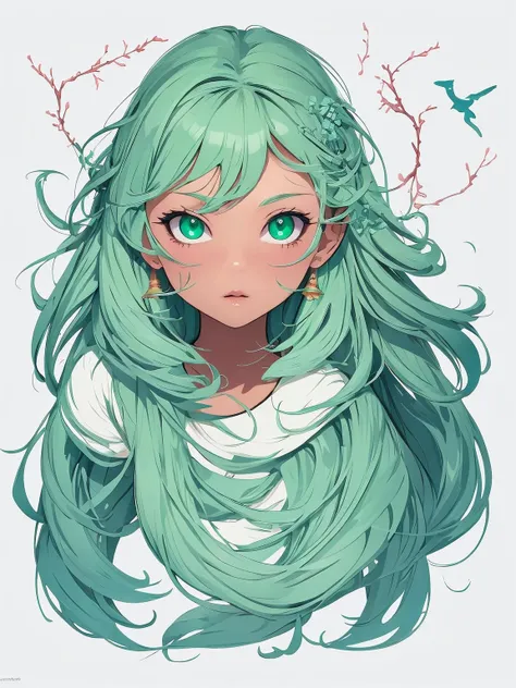 a girl with green hair and green eyes and a bird