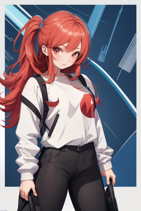 a woman with red hair and a white shirt holding a gun