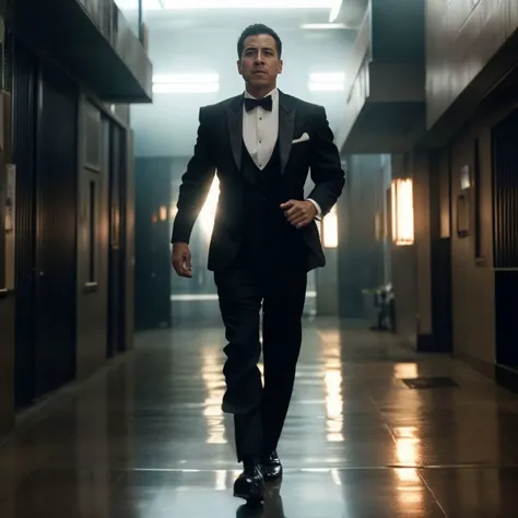 a man in a tuxedo walking down a hallway in a suit