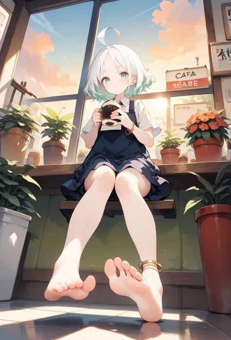 ,, score_9, score_8_up,score_7_up,, 1girl,pale skin,white hair,parted bangs, messy cafe,holding coffee cup,against window,full body,vase,potted plant,menu,ahoge,flower,foot up,barefoot,soles,foot focus,from below,anklet,sunrise,green sky,colored cloud,sing...