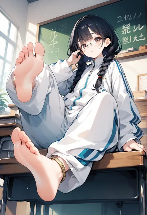 ,, score_9, score_8_up,score_7_up,, 1girl,solo,black hair,baggy blue and white track suit,baggy blue and white track pants,glasses,black hair,low twin braids, ,desk,sitting on desk,foot up,barefoot,soles,foot focus,from below,anklet,bare legs,chalkboard,