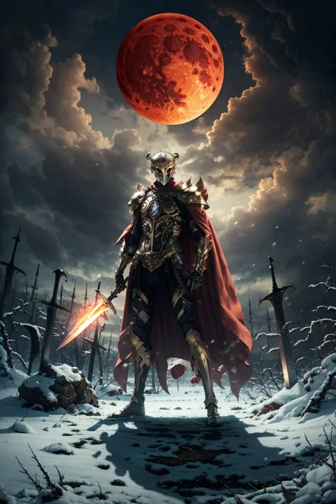 a man in armor holding a sword standing in front of a blood moon