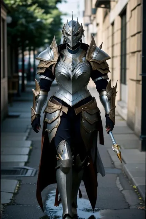 a close up of a person in a costume walking down a street