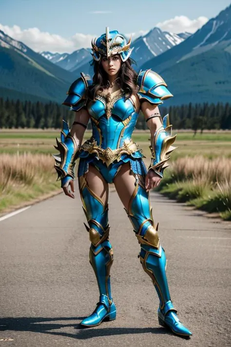 a woman in a blue costume standing on a road