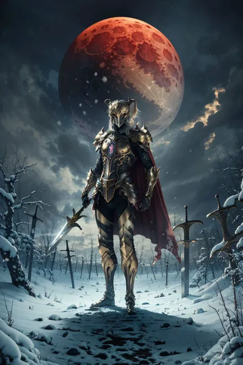 a man in armor walking through a snowy field with a red moon in the background