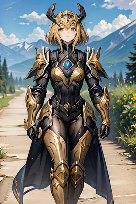 a woman in armor standing on a path with mountains in the background