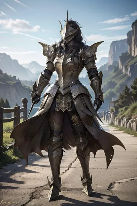 a woman in armor walking down a road with mountains in the background