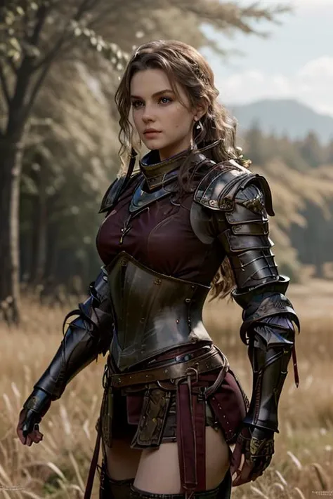 a close up of a woman in armor standing in a field