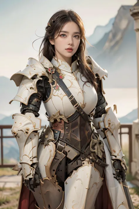 a woman in armor poses for a photo in front of a mountain