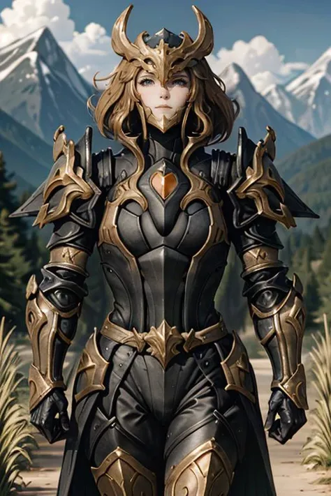 a close up of a woman in armor standing in a field