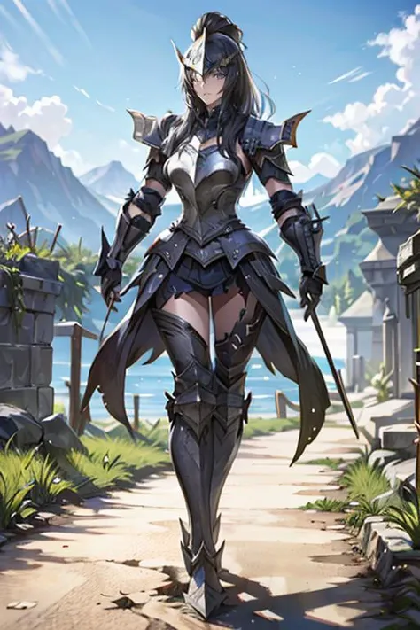 a woman in armor standing on a path near a lake