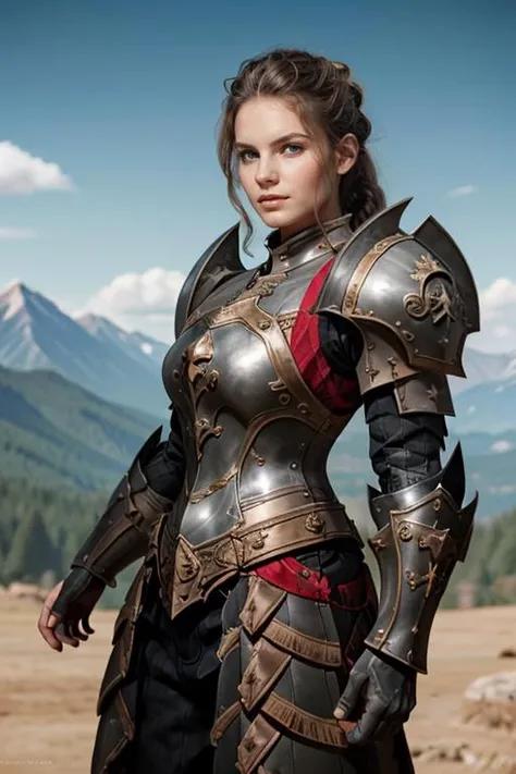 a woman in armor standing in a field with mountains in the background