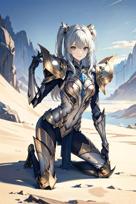 a woman in armor kneeling on a desert with a sword