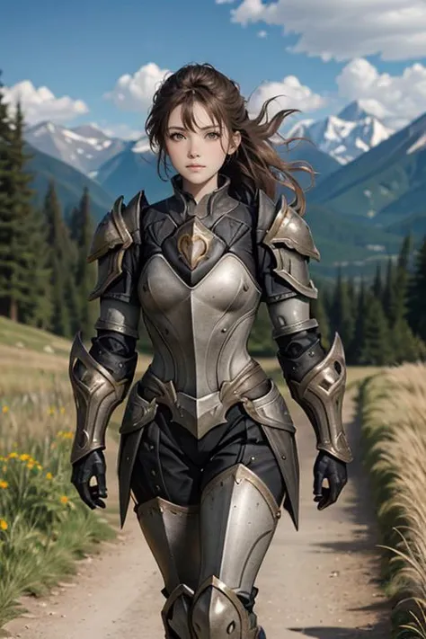 a close up of a woman in armor walking on a dirt road