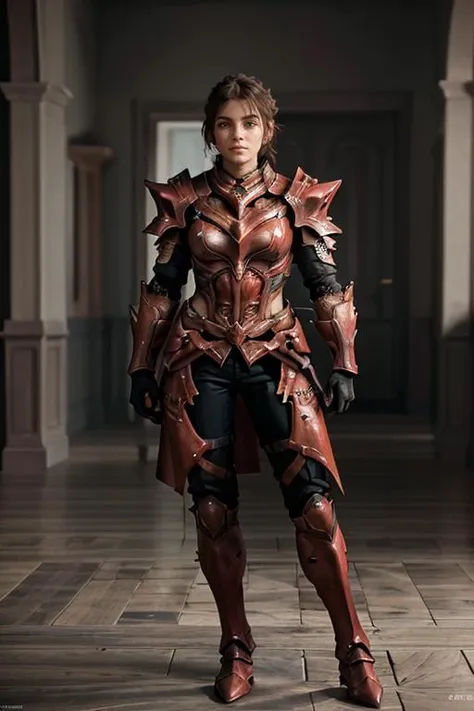 a woman in armor poses for a photo in a hallway