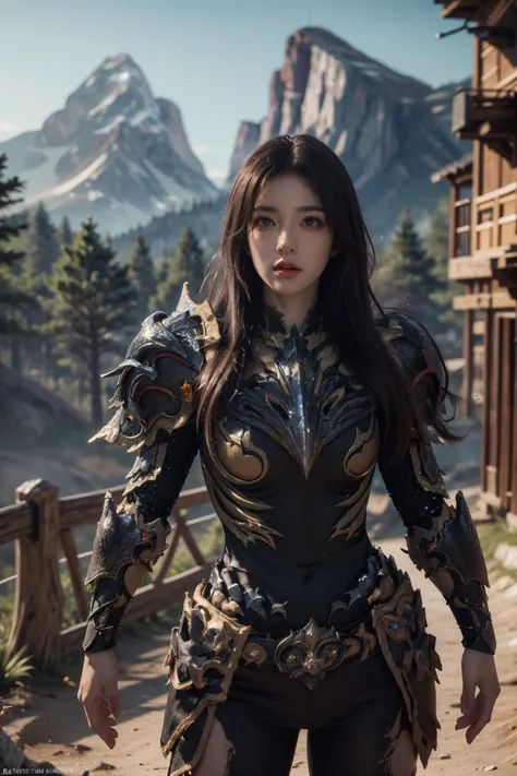 a woman in armor standing in front of a mountain