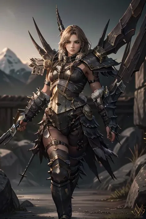 a woman in armor holding a sword and standing in front of a mountain