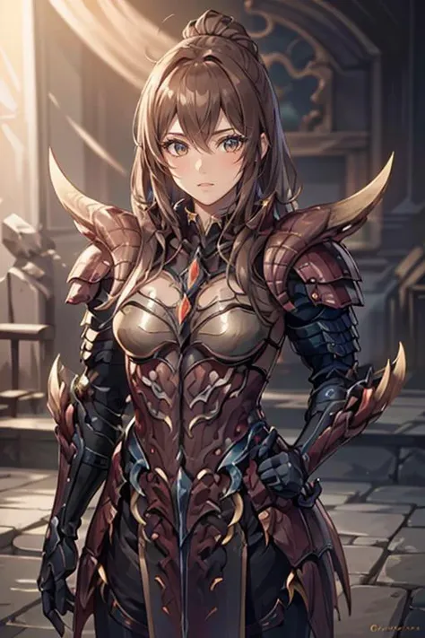 a woman in armor standing in a room with a sword